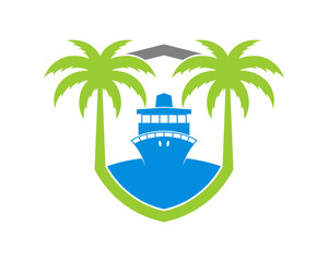 Poster - Shield protection with palm tree and cruise ship