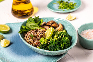 Canvas Print - Clean healthy detox eating. Vegan vegetarian food quinoa, spinach, broccoli, mushrooms and microgreens