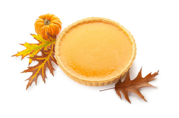 Tasty pumpkin pie on white background