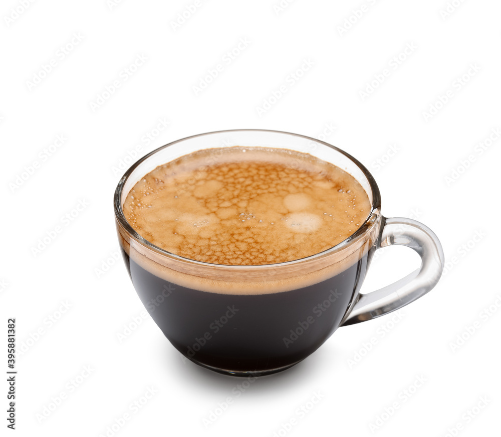 Cup of hot espresso on white background