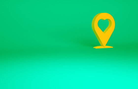 Orange Map pointer with heart icon isolated on green background. Valentines day. Love location. Romantic map pin. Minimalism concept. 3d illustration 3D render.
