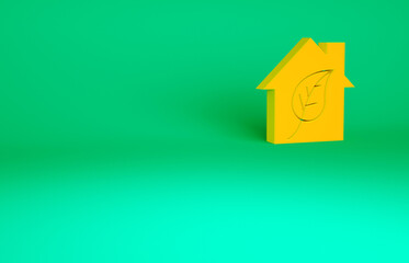 Sticker - Orange Eco friendly house icon isolated on green background. Eco house with leaf. Minimalism concept. 3d illustration 3D render.