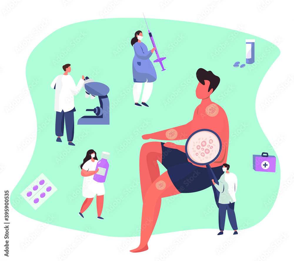 Skin Disease and Eczema.Diagnostics Dermatology.Skin Treatment.Allergy or Varicella with Itching.Doctor with Medical Equipment Inspect Pimples,Psoriasis, Vitiligo,Dermatitis.Vector Illustration