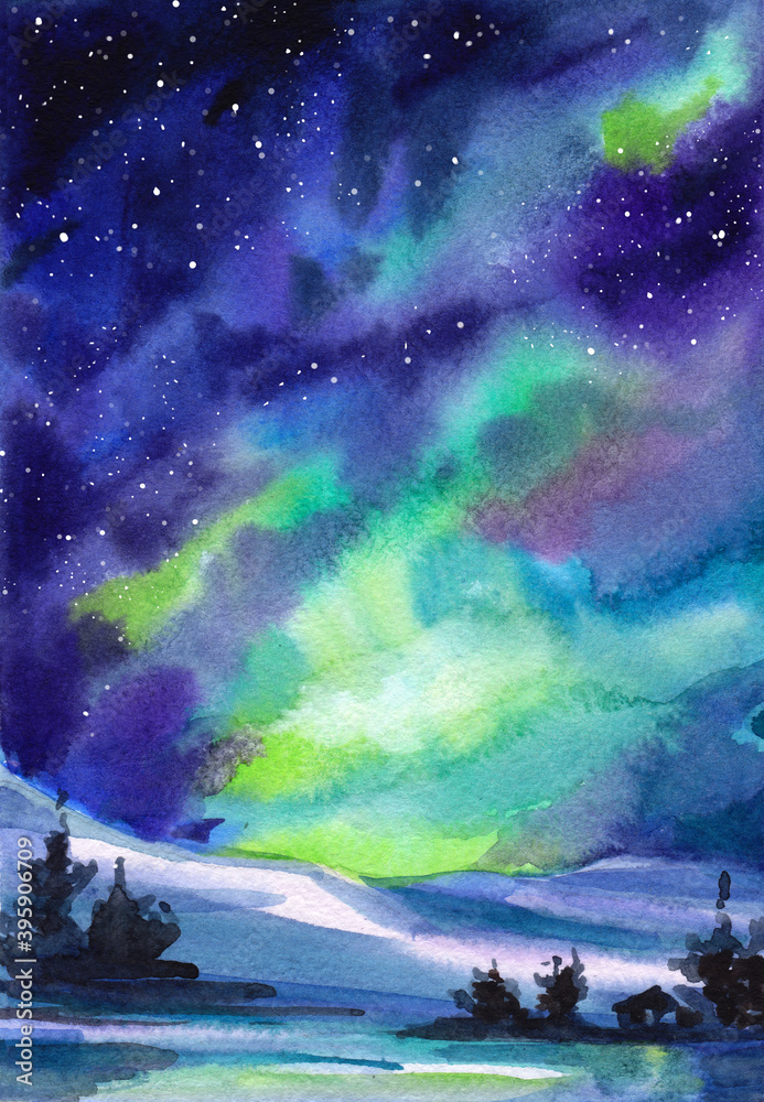 Watercolor landscape of a starry night sky with lake and northern ...