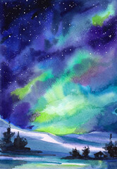 watercolor landscape of a starry night sky with lake and northern lights. panorama for travel postca