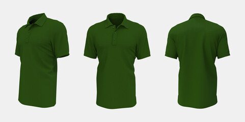 Blank collared shirt mockup, front, side and back views, tee design presentation for print, 3d rendering, 3d illustration