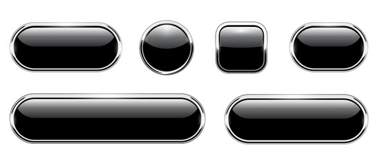Fototapete - Black shiny buttons set, glossy isolated icons with metallic chrome elements, vector illustration.