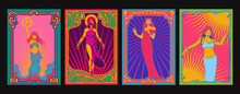 Beauties Psychedelic Art Style Posters, Art Nouveau Frames, 1960s, 1970s Psychedelic Colors