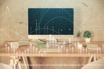 Multi exposure of financial graph drawing and office interior background. Concept of market analysis.