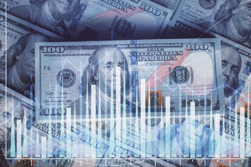 Multi exposure of forex chart drawing over us dollars bill background. Concept of financial success markets.