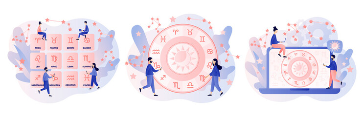 Astrology science concept. Astrological forecast. Zodiac, celestial coordinate system, stars and constellations. Tiny people astrologers reading natal chart. Modern flat cartoon style. Vector