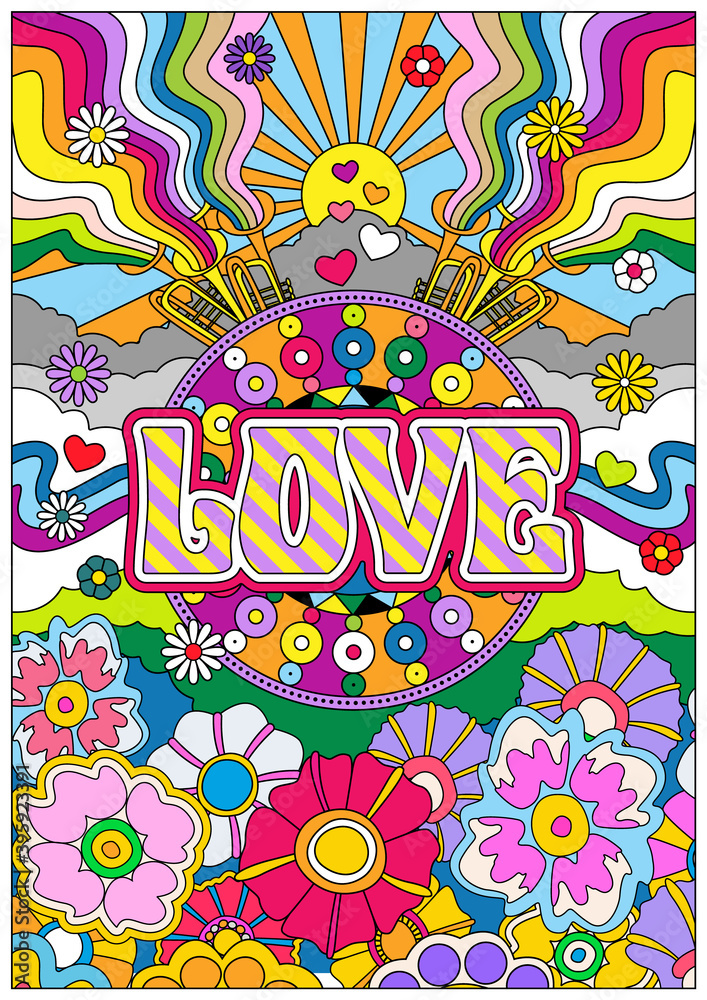 Hippie Art Style Illustration, Love and Peace Psychedelic Mosaic