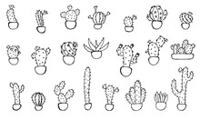 Set Of Vector Doodle Illustrations Of Cactuses In Pots. Freehand Drawings Isolated On White Background.
