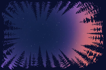 the starry sky against the background of a dense forest. vector landscape.