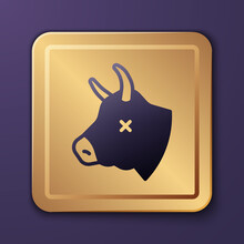 Purple Cow Head Icon Isolated On Purple Background. Gold Square Button. Vector.