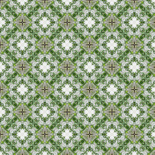 Design Of Motive Pattern With Organic Green Flowers, Stars And Abstract Forms Inside Kaleidoscope