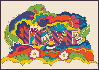 Love Illustration Hippie Art Style Psychedelic Colors, Flowers