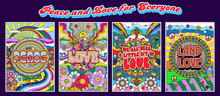 Love And Peace Hippie Style Posters, Psychedelic Color Mosaic Illustrations