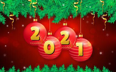 Wall Mural - Merry Christmas and New Year background with realistic Christmas ornaments