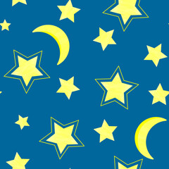 Seamless pattern with stars and month. Pattern children's night theme of the starry sky. Moon and stars on a blue background.
