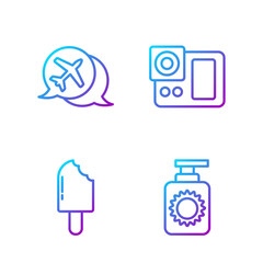 Sticker - Set line Sunscreen spray bottle, Ice cream, Speech bubble with airplane and Photo camera. Gradient color icons. Vector.