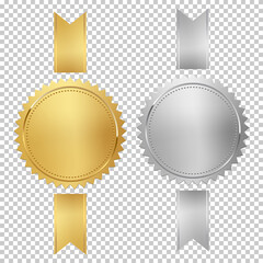 Wall Mural - golden and silver stamps with vertical ribbons isolated on white background. luxury chrome seals. ve
