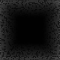 Poster - Abstract halftone circular background. Silver, chrome dot pattern on black square background. Bright vintage wallpaper vector illustration. Shining vibrant retro glow. Modern 3d art design