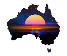Australia Aboriginal Continent With Sunset Isolated On White Background. Australia Map In Traditional Aboriginal Flag Colors. Australia Aboriginal Day. Naidoc Week.Union Jack.Reconciliation Day.Vector