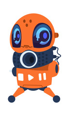 Poster - Futuristic robot. Cartoon mascot. Friendly orange automation machine. Isolated electronic toy with remote control. Scientific innovation and cyber technology. Vector mechanical talisman illustration