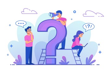 Aufkleber - FAQ. Frequently asked questions web design template. Cartoon thinking young people and query symbol. Isolated cute girl and boys searching answers and information. Vector online support concept