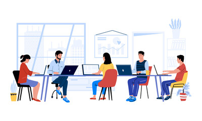 Poster - People at desk. Cartoon men and women working together at project. Office colleagues and coworking mates. Isolated workspace interior. Communication and business process. Vector workspace illustration