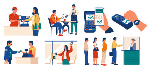 Poster - Payment methods. Cartoon people paying with cash, smartphones or smart watch in supermarket and cafe, bank and public city transport. Men and women give money for purchases and services, vector set