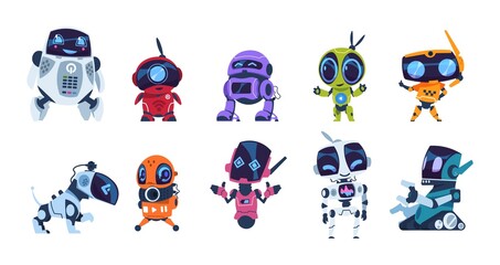 Poster - Modern robots. Cartoon friendly mascots. Colorful personal assistants. Collection of mechanical toys. Artificial intelligence or scientific innovation technologies. Vector isolated automation machines