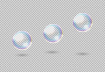 Poster - Soap bubble. Realistic rainbow clear shampoo ball with color reflection. 3D rising or soaring glossy spheres on transparent background. Isolated air foam decorative effect template. Vector soapy set