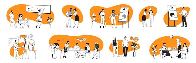 Poster - Business people. Cartoon men and women working in office. Management and communication. Colleagues talking, presenting projects. Partners meeting, problem solving and brainstorm. Vector workflow set