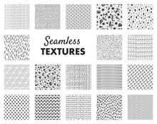 Hand Drawn Pattern. Abstract Seamless Texture. Monochrome Minimalist Background. Collection Of Graphic Ornaments And Hatchings. Wallpaper Template, Decorative Textile Prints. Vector Doodle Sample Set