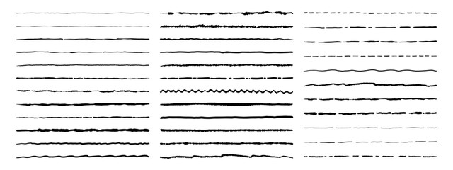 Aufkleber - Doodle lines. Grunge hand drawn geometric painting. Isolated wavy, dotted or straight underlines. Pen and pencil sketch. Collection of scrapbooking decorative templates. Vector text separator flat set