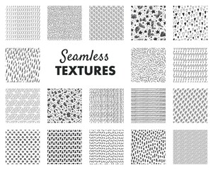 Wall Mural - Hand drawn pattern. Abstract seamless texture. Monochrome minimalist background. Collection of graphic ornaments and hatchings. Wallpaper template, decorative textile prints. Vector doodle sample set
