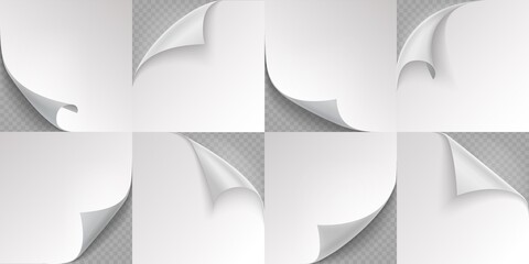 Aufkleber - Curled page corner. Realistic note papers. 3D folded edge templates on transparent background. Square blank sheets with copy space. Isolated packaging empty stickers with place for text, vector set