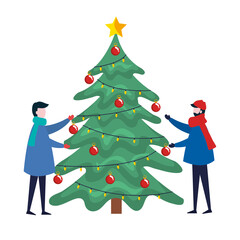 Wall Mural - young couple wearing winter clothes decorating christmas tree vector illustration design