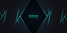 Dark Gray And Turquoise Hexagonal Carbon Fiber Background With Green Luminous Lines And Highlights. Technology, Sport, Futuristic, Modern, Luxury Abstract Background. Dark Honeycomb Texture Grid.