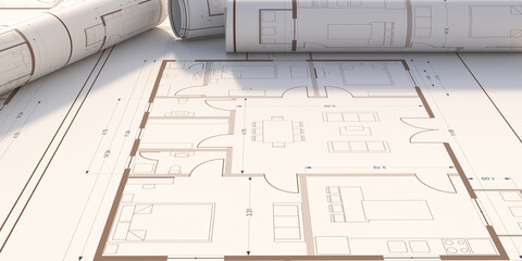 Residential building blueprint plans, banner. 3d illustration