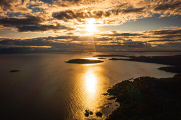 Wall Mural - beautiful sunrise aerial photograph above sugarloaf mountain looking towards presque isle peninsula 