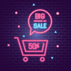 Wall Mural - cyber monday with cart and bubble neon design on bricks background, sale offer ecommerce shopping on