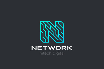 Poster - letter n logo design hitech technology linear outline style vector template futuristic shape