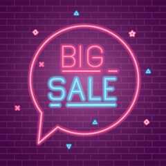 Wall Mural - big sale in bubble neon design on bricks background, offer ecommerce shopping online theme vector il