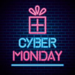 Wall Mural - cyber monday with gift neon design on bricks background, sale offer ecommerce shopping online theme 