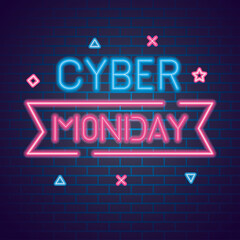Wall Mural - cyber monday neon design on bricks background, sale offer ecommerce shopping online theme vector ill