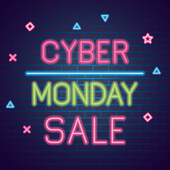 Wall Mural - cyber monday neon design on bricks background, sale offer ecommerce shopping online theme vector ill