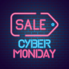 Wall Mural - sale cyber monday neon design on bricks background, offer ecommerce shopping online theme vector ill
